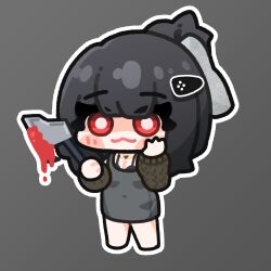 :3 absurdres axe b1girl black_bra black_dress black_hair blood blunt_bangs blush_stickers bra chibi d_(killer_wife)_(nikke) d_(nikke) dongtan_dress dress goddess_of_victory:_nikke hatchet_(axe) heart heart_necklace highres holding holding_weapon jewelry kiwi_forest kiwichip long_hair meme_attire necklace official_alternate_costume red_eyes solo underwear weapon