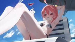 1girl absurdres ahoge arm_behind_head armpits ass beach beach_chair beach_umbrella bikini black_bikini blue_archive blush braid breasts cocktail cocktail_glass cup drinking_glass earrings fangs frilled_bikini frills from_below hair_tie halo highres huge_ahoge jewelry mole mole_under_each_eye mole_under_eye multiple_moles neru_(blue_archive) not_forever2w open_mouth orange_hair outdoors red_eyes short_hair side_braid sitting sky small_breasts solo sweat swimsuit umbrella