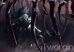 artist_name black_cape black_coat black_gloves black_hat bloodborne bug butterfly cape character_request check_copyright chinese_commentary closed_mouth coat commentary_request commission copyright_request elbow_gloves gloves hat highres holding insect light_particles long_hair looking_to_the_side orange_eyes red_vest teeth tricorne tworain_w upper_body vest watermark white_hair