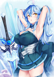 1girl ahoge alternate_breast_size armpits arms_up back_bow black_dress black_thighhighs blue_hair blush bow colored_tips crossed_bangs detached_collar double-parted_bangs dress hair_between_eyes heart heart_ahoge highres hololive huge_bow huge_weapon impossible_clothes impossible_dress irohara long_hair looking_at_viewer magical_girl mahou_shoujo_holowitch! multicolored_hair official_alternate_costume open_mouth presenting_armpit short_dress solo strapless strapless_dress streaked_hair sword thighhighs triangle_mouth underbust virtual_youtuber weapon yellow_eyes yukihana_lamy