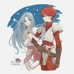 Rule 34 | 1boy, 1girl, absurdres, adol christin, ancient ys vanished, anniversary, armor, blue eyes, blue hair, breastplate, brown gloves, closed mouth, commentary request, copyright name, curtained hair, dress, faulds, feena (ys), george man, gloves, gold necklace, grey eyes, highres, jewelry, long hair, looking at another, necklace, pauldrons, pikkard (ys), red hair, red sash, sash, short hair, shoulder armor, smile, sparkle, white background, white dress, ys, zzz