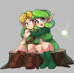 1boy 1girl :d absurdres belt blonde_hair blue_eyes blush boots brown_belt brown_boots check_clothing child closed_mouth clothing_request commentary fairy green_belt green_boots green_hair green_hairband green_hat green_skirt green_sweater green_tunic green_turtleneck green_vest grey_background grin hairband hat highres link long_sleeves looking_at_another looking_at_viewer looking_to_the_side nin10ja nintendo open_mouth pointy_ears saria_(zelda) shoulder_belt simple_background sitting skirt smile sweater teeth the_legend_of_zelda the_legend_of_zelda:_ocarina_of_time tree_stump tunic turtleneck turtleneck_sweater upper_teeth_only vest young_link