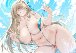 1girl alternate_costume aoi_sakura_(seak5545) aqua_halo aqua_one-piece_swimsuit aqua_ribbon areola_slip asuna_(blue_archive) bikini blonde_hair blue_archive blue_eyes blush breasts cleavage collarbone day double_v gluteal_fold hair_ornament hair_ribbon halo hands_up large_breasts long_hair looking_at_viewer micro_bikini navel one-piece_swimsuit outdoors parted_lips ribbon slingshot_swimsuit smile solo stomach swimsuit v water wet