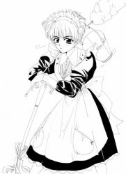 Rule 34 | 1990s (style), apron, bucket, cardcaptor sakura, dress, duster, frills, gender request, genderswap, li xiaolang, long dress, maid, maid apron, maid headdress, mamoru, monochrome, mop, retro artstyle, short hair