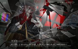1boy aleph_(reverse:1999) black_cape black_hat black_jacket cape chain chinese_text corded_phone covered_face cracked_mask english_text glass_shards gloves grey_mask hacksaw hand_up hat highres holding_saw holding_scalpel indoors jacket long_hair male_focus merlin_(reverse:1999) monitor phone red_gloves red_hair reverse:1999 saw solo surgical_light uncle_024 upper_body
