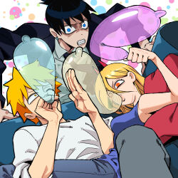 1girl 2boys absurdres aisendraw annoyed black_hair black_jacket black_necktie blonde_hair blue_eyes blue_tank_top chainsaw_man clenched_teeth collared_shirt condom condom_balloon condom_in_mouth cross-shaped_pupils denji_(chainsaw_man) formal_clothes frustrated hair_between_eyes hayakawa_aki highres jacket long_hair looking_at_another looking_at_viewer mouth_hold multiple_boys necktie parted_lips power_(chainsaw_man) shirt short_hair suit suit_jacket symbol-shaped_pupils tank_top teeth topknot white_shirt yellow_eyes