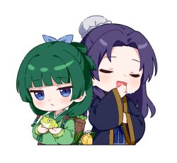1boy 1girl animal basket black_kimono blue_eyes chibi chibi_only closed_eyes commentary cropped_torso english_commentary flower forehead frog green_hair green_kimono hair_bun hitsukuya holding holding_animal japanese_clothes jinshi_(kusuriya_no_hitorigoto) kimono kusuriya_no_hitorigoto long_hair long_sleeves maomao_(kusuriya_no_hitorigoto) open_mouth purple_hair sidelocks smile twintails white_background wide_sleeves