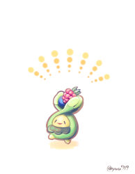 Rule 34 | berry (pokemon), budew, commentary request, food, fruit, full body, gen 4 pokemon, holding, holding food, holding fruit, nintendo, no humans, open mouth, pokemon, pokemon (creature), pokemon focus, razz berry, simple background, smile, solo, white background, yuu719yuu719
