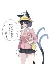 animal_ears bag black_eyes blue_archive blue_halo cat_ears cat_girl cat_tail colored_inner_animal_ears commentary_request cosplay flower_pin halo hat highres kikyou_(blue_archive) kindergarten_bag kindergarten_uniform kisaki_(blue_archive) kisaki_(blue_archive)_(cosplay) kisaki_(kindergarten_uniform)_(blue_archive) multiple_tails pink_shirt school_hat shirt suecovsky tail translation_request two_tails yellow_hat