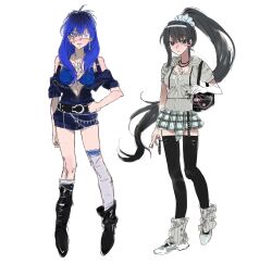 2000s_fashion 2girls alternate_costume bag belt black_boots black_hair black_handbag black_thighhighs blue_bra blue_eyes blue_hair blue_sky blue_sweater boots bra breasts cross cross_necklace female_focus full_body genderswap genderswap_(mtf) grey_eyes hand_on_own_hip handbag highres jewelry large_breasts leg_warmers long_hair looking_at_viewer magadori_kyoshika multiple_girls necklace omokage_yugamu pleated_skirt ponytail school_uniform serafuku shoes short_sleeves skirt sky sweater the_hundred_line_-last_defense_academy- thighhighs underwear unzipped wallet_chain white_leg_warmers white_serafuku white_shoes