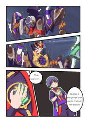 Rule 34 | 1boy, 1girl, absurdres, atawatsho, aura, broken, comic, commentary, english commentary, english text, genshin impact, highres, katheryne (genshin impact), long sleeves, mecha, mitsudomoe (shape), purple hair, robot, scaramouche (genshin impact), scaramouche (kabukimono) (genshin impact), speech bubble, tomoe (symbol)