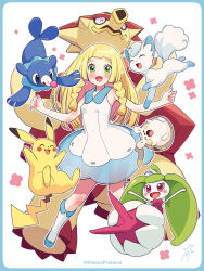 1girl :d alolan_form alolan_vulpix bare_arms blonde_hair blunt_bangs blush border commentary_request dedenne dress eyelashes gen_1_pokemon gen_6_pokemon gen_7_pokemon green_eyes highres kinocopro lillie_(pokemon) long_hair looking_at_viewer nintendo open_mouth outline pikachu pokemon pokemon_(anime) pokemon_(creature) pokemon_sm_(anime) popplio shoes sleeveless sleeveless_dress smile socks steenee tongue turtonator twitter_username w_arms watermark white_background white_dress white_socks