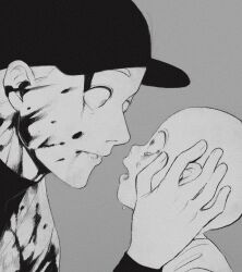 2boys baby bald baseball_cap baseball_jersey blood blood_on_clothes blood_on_face child commentary constricted_pupils crying crying_with_eyes_open eye_contact face-to-face film_grain grey_background greyscale hand_on_another&#039;s_face hashtag-only_commentary hat horror_(theme) hugo_(off) jersey long_sleeves looking_at_another male_focus monochrome multiple_boys off_(game) open_mouth parted_lips shirt simple_background spoilers tanblaque tears the_batter_(off) upper_body wide-eyed