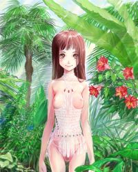 1girl blush bottomless breastless_clothes breasts brown_eyes brown_hair es es_(cah60700) female_focus female_pubic_hair jungle lingerie long_hair nature nipples original panties pubic_hair see-through_clothes smile solo topless_female underwear