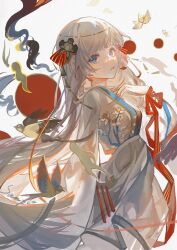1girl bird bird_hair_ornament blinklikeer blue_eyes blunt_bangs bow cowboy_shot eyelashes facial_mark floral_print flower forehead_mark grey_hair grey_hanfu hair_bow hair_ornament hand_on_own_chest highres long_hair long_sleeves lotus original parted_lips red_bow sample_watermark solo standing striped_bow swallow_(bird) very_long_hair watermark white_background white_flower wide_sleeves