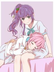 2girls anyoji_hime aqua_neckerchief blue_dress breast_pocket closed_eyes closed_mouth commentary_request dress flower green_eyes hair_flower hair_ornament hasu_no_sora_school_uniform highres hood hooded_jacket jacket lap_pillow link!_like!_love_live! long_hair long_sleeves love_live! lying medium_dress multi-tied_hair multiple_girls myrain56991013 neckerchief on_bed on_side open_clothes open_jacket otomune_kozue pleated_dress pocket ponytail puffy_short_sleeves puffy_sleeves purple_background red_flower sailor_collar sailor_dress school_uniform short_sleeves sitting smile split_mouth summer_uniform tassel tassel_hair_ornament virtual_youtuber white_jacket white_sailor_collar yellow_neckerchief