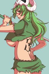 Rule 34 | 1girl, bleach, breasts, green eyes, green hair, highres, large breasts, long hair, looking at viewer, looking to the side, midriff, nelliel tu odelschwanck, revealing clothes, sideboob, solo, strikek-lvvjm27, sword, torn clothes, underboob, weapon