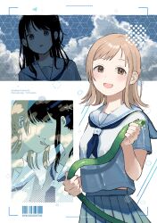 1_kozin 2girls ascot black_hair blue_ascot blue_sky brown_eyes brown_hair cloud cloudy_sky collarbone flipped_hair geometric_pattern grey_eyes grey_skirt halftone highres holding holding_hose hose idolmaster idolmaster_shiny_colors kazano_hiori long_hair medium_hair mole mole_under_mouth multiple_girls multiple_views parted_lips pleated_skirt ponytail sailor_collar sakuragi_mano school_uniform serafuku shadow shirt short_sleeves skirt sky swept_bangs wet wet_clothes white_background white_sailor_collar white_serafuku white_shirt yuri