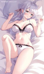 1girl alisa_mikhailovna_kujou barefoot bed_sheet black_bow bow bow_bra bow_panties bra breasts grey_hair hair_ribbon highres lace lace-trimmed_bra lace-trimmed_panties lace_trim long_hair lying medium_breasts navel on_back panties patreon_username red_ribbon ribbon sebu_illust solo thighs toes tokidoki_bosotto_roshia-go_de_dereru_tonari_no_alya-san underwear underwear_only white_bra white_panties