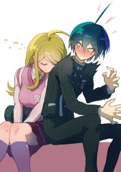 1boy 1girl ahoge akamatsu_kaede black_hair black_jacket blonde_hair breasts buttons collared_shirt danganronpa_(series) danganronpa_v3:_killing_harmony fortissimo hair_between_eyes hair_ornament highres jacket large_breasts leaning_on_person long_hair long_sleeves male_focus musical_note musical_note_hair_ornament necktie pants pinstripe_pattern pleated_skirt saihara_shuichi shirt short_hair skirt smile surprised vest white_shirt youko-shima