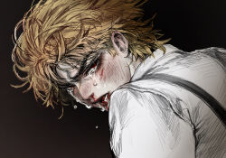 1boy blonde_hair blood blood_on_face brown_background child close-up collared_shirt crying dio_brando dress_shirt ear_birthmark eyelashes hair_between_eyes head_down highres jojo_no_kimyou_na_bouken lee2_74 looking_at_viewer male_focus messy_hair nosebleed open_mouth phantom_blood portrait red_eyes shirt short_hair sketch solo suspenders teardrop tearing_up tears
