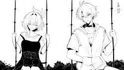1boy 1girl ahoge alternate_costume animal animal_on_lap cat choker closed_mouth cyrene_(honkai:_star_rail) dated dress endreues greyscale hair_ornament highres honkai:_star_rail honkai_(series) hood looking_at_another monochrome neck_tattoo on_lap on_swing outdoors phainon_(honkai:_star_rail) short_hair smile swing swing_set tattoo