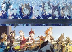 28yanagiii 6+girls ahoge animal_ears aqua_bow armband arms_behind_back ascot asymmetrical_bangs bare_shoulders beanie black_ascot black_hair black_hat blonde_hair blue_coat blue_hair blunt_bangs bow bowtie braid braided_bun bright_pupils brown_eyes brown_gloves brown_hair brown_hat buttons coat colored_inner_hair commentary_request crowd crown_braid dice_pendant double-breasted dream_journey_(umamusume) dress ear_bow ear_covers ear_ornament ears_through_headwear facing_up feather_hair_ornament feathers fence fenomeno_(umamusume) flipped_hair gem gloves gold_ship_(umamusume) green_gemstone grey_hair grey_hat grin hair_between_eyes hair_bun hair_ornament hand_in_own_hair hand_on_headwear hat hat_ribbon head_tilt headgear highres hood hood_down horse_ears horse_girl horse_racing_track huge_ahoge long_hair lucky_lilac_(umamusume) mejiro_ardan_(umamusume) mejiro_bright_(umamusume) mejiro_dober_(umamusume) mejiro_family_(umamusume) mejiro_mcqueen_(umamusume) mejiro_palmer_(umamusume) mejiro_ramonu_(umamusume) mejiro_ryan_(umamusume) multicolored_hair multiple_girls nakayama_festa_(umamusume) nervous open_clothes open_coat orange_hair orfevre_(umamusume) outdoors peaked_cap pillbox_hat puffy_sleeves purple_bow purple_eyes purple_gemstone purple_hair purple_ribbon purple_sailor_collar reaching reaching_towards_viewer red_armband red_bow red_bowtie red_dress red_eyes red_gemstone ribbon sailor_collar school_uniform short_hair siblings sidelocks sideways_glance single_ear_cover sisters sleeveless sleeveless_dress smile split_screen split_theme stay_gold_(umamusume) stay_gold_clan_(umamusume) steepled_fingers streaked_hair striped_bow striped_hat sweatdrop tearing_up tracen_school_uniform tracen_winter_coat two-tone_bow two-tone_hair umamusume very_long_hair white_gloves white_hair winter_clothes winter_coat winter_uniform wrist_belt