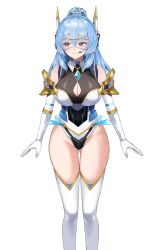 1girl antennae armor blue_hair boots breasts chest_jewel cleavage cleavage_cutout clothing_cutout gloves headphones large_breasts leotard long_hair looking_to_the_side model official_art saincisco smile solo thighhighs thighs transparent_background virtual_youtuber visor_(armor) vtuber_animations white_leotard