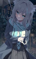 1girl absurdres animal_ear_fluff animal_ears aqua_necktie aqua_scarf black_skirt blue_archive blue_eyes blurry blurry_background breasts closed_mouth commentary frown grey_hair highres holding holding_umbrella k_cyp large_breasts leaning_forward long_hair long_sleeves looking_at_viewer necktie night pleated_skirt rain scarf school_uniform shiroko_(blue_archive) skirt solo umbrella wolf_ears