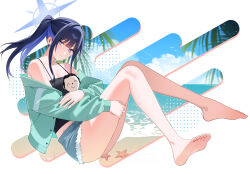1girl aqua_jacket bechu black_camisole blue_archive blue_halo camisole character_doll colored_inner_hair cross_halo denim denim_shorts doll doodle_sensei_(blue_archive) halo highres jacket multicolored_hair official_alternate_costume saori_(blue_archive) saori_(swimsuit)_(blue_archive) sensei_(blue_archive) shorts solo
