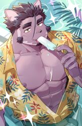 1boy abs absurdres animal_ears bara bare_pectorals beard belt black_hair cat_ears facial_hair flower food food_in_mouth furry green_eyes hawaiian_shirt highres holding holding_food holding_popsicle large_pectorals leaf live_a_hero male_focus melting_popsicle muscular muscular_male nipple_slip nipples open_clothes open_mouth open_shirt pants pectorals pool popsicle popsicle_in_mouth purple_fur seashell shell shirt shirt_tucked_in sparkle starfish syukapong thick_eyebrows tsuneaki_(live_a_hero) water white_pants