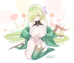 1girl asymmetrical_legwear azur_lane bare_shoulders blush breasts de_zeven_provincien_(azur_lane) elf green_eyes green_hair green_thighhighs hair_over_one_eye highres huge_breasts livetarica long_hair looking_at_viewer parted_lips pointy_ears simple_background single_thighhigh sitting solo thighhighs very_long_hair wariza white_background