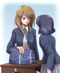 Rule 34 | 2girls, bag, black hair, blazer, brown eyes, brown hair, desk, extra, faith (sbi), k-on!, multiple girls, school desk, school uniform, short hair, sunahara yoshimi, tachibana himeko