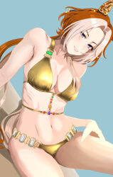 1girl absurdres animal_ears arm_support bikini blush breasts brown_hair dutch_angle gold_bikini grey_hair hair_over_shoulder highres horse_ears jewelry kumabachi315 large_breasts leaning_to_the_side long_hair looking_at_viewer multicolored_hair navel orfevre_(umamusume) parted_lips purple_eyes ribs sitting smile solo stomach swimsuit umamusume very_long_hair