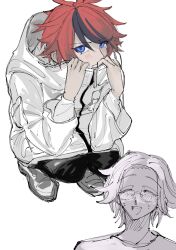 2boys ahoge aotsuki_eito black_hair black_pants blue_eyes blush closed_eyes closed_mouth crouching frown full_body glasses hair_between_eyes jacket looking_at_viewer male_focus messy_hair multicolored_hair multiple_boys open_mouth pants red_hair shoes simple_background solo_focus streaked_hair sumino_takumi sweatdrop the_hundred_line_-last_defense_academy- upper_body white_background white_jacket white_shoes