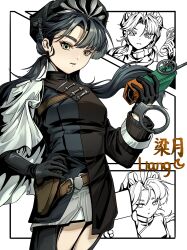 1girl absurdres bai_long_i beret black_boots black_dress black_gloves black_hair black_hat boots cape cellphone character_name chin_strap cowboy_shot dress gloves hand_on_own_hip hand_up hat highres holding holding_id_card holding_phone holster id_card liang_yue_(reverse:1999) long_hair looking_at_viewer low_twintails multiple_views parted_lips phone police police_uniform policewoman reverse:1999 short_dress side_cape thigh_boots twintails white_background white_cape yellow_eyes