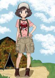 akiyama_yukari brown_eyes brown_hair camping suspenders