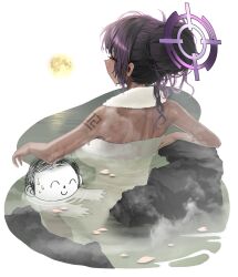 1boy 1girl arm_tattoo bare_back bare_shoulders black_hair blue_archive closed_eyes dark-skinned_female dark_skin doodle_sensei_(blue_archive) gradient_hair hair_bun halo hand_on_another&#039;s_head highres karin_(blue_archive) long_hair multicolored_hair naked_towel number_tattoo onsen partially_submerged purple_hair purple_halo sb_(dlwnsrl1783) sensei_(blue_archive) single_hair_bun tattoo towel towel_around_neck