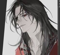 1boy art_program_in_frame b1302010 black_hair braid chinese_clothes eyepatch hanfu hua_cheng jewelry korean_commentary long_hair looking_at_viewer male_focus necklace pale_skin red_eyes red_hanfu shirt smile solo tianguan_cifu upper_body white_shirt