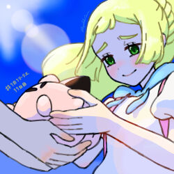 1boy 1girl absurdres blonde_hair blush braid character_doll clefairy closed_mouth commentary_request day doll eyelashes floating_hair gen_1_pokemon green_eyes highres hiyokko2min holding holding_doll lens_flare lillie_(pokemon) long_hair looking_down nintendo outdoors pokemon pokemon_sm shirt short_sleeves signature sky smile strap translation_request white_shirt