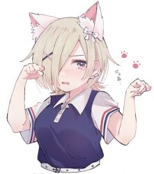 Rule 34 | 1girl, animal ears, belt, blonde hair, blue shirt, blush, breasts, cat ears, collared shirt, cropped torso, ear blush, ear piercing, hair ornament, hair over one eye, hairclip, highres, lemonade (love live!), looking at viewer, love live!, love live! nijigasaki high school idol club, medium breasts, mia taylor, notyu maru, one eye covered, open mouth, paw pose, piercing, polo shirt, purple eyes, shirt, short hair, short sleeves, solo, translation request, upper body, wavy mouth, white background, white belt