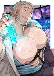 3boys absol_(dkqthf) another_eidos-r bara beard belt blonde_hair bulkski_(another_eidos) chest_hair coat commentary_request copyright_request facial_hair full_beard holding holding_test_tube ittetsu_(another_eidos) male_focus monocle multiple_boys open_clothes open_coat short_shorts shorts test_tube white_coat white_hair wilder_(another_eidos)