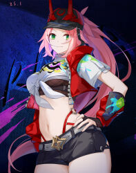 Rule 34 | 1girl, absurdres, asymmetrical sleeves, baseball cap, belt, black hat, black shorts, blue background, breasts, bridal gauntlets, chinese commentary, closed mouth, commentary request, cowboy shot, crop top, cropped jacket, dated, ejieaa, fishnet bridal gauntlets, fishnet top, fishnets, graffiti, green eyes, hair through headwear, hand on own hip, hat, highres, honkai: star rail, honkai (series), horned hat, jacket, long hair, looking at viewer, medium breasts, midriff, navel, o-ring, open clothes, open jacket, partial commentary, pink hair, ponytail, rappa (honkai: star rail), red arm warmers, red jacket, shirt, short shorts, shorts, sidelocks, smile, solo, standing, tied shirt, uneven sleeves, very long hair, white belt, white shirt, zipper, zipper pull tab