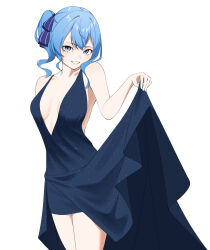1girl :d absurdres asymmetrical_sidelocks bare_arms blue_dress blue_eyes blue_hair blue_ribbon breasts cleavage commentary double-parted_bangs dress evening_gown grin hair_between_eyes hair_ribbon hazeillusts highres hololive hoshimachi_suisei legs_together looking_at_viewer medium_breasts medium_hair open_mouth print_dress ribbon side_ponytail simple_background skirt_hold sleeveless sleeveless_dress smile solo starry_sky_print virtual_youtuber white_background