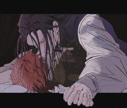 2boys black_hair closed_eyes felix_hugo_fraldarius fingernails fire_emblem fire_emblem:_three_houses garreg_mach_monastery_uniform hair_down highres interlocked_fingers jacket kiss lapels letterboxed long_hair lying lying_on_person male_focus multiple_boys nintendo notched_lapels on_back open_clothes open_jacket red_hair rendaaa_fe school_uniform sylvain_jose_gautier yaoi