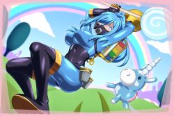 1girl absurdres balloonicorn blu_pyro_(tf2) blue_bodysuit blue_eyes blue_hair blue_sky bodysuit boots breasts candy commission food genderswap genderswap_(otf) gloves highres holding holding_candy holding_food holding_lollipop holding_weapon large_breasts latex latex_bodysuit latex_gloves latex_legwear lindaroze lollichop lollipop long_hair mask outdoors ponytail pyro_(tf2) rainbow respirator second-party_source sky solo team_fortress_2 thigh_boots weapon