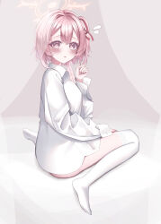 1girl absurdres alternate_costume amerika_neko ass blue_archive blush borrowed_clothes bright_pupils clenched_hand collared_shirt commentary d: double-parted_bangs eyelashes feather_hair feet from_behind full_body gluteal_fold hair_between_eyes hair_ribbon halo hand_up highres long_sleeves looking_at_viewer medium_hair no_headwear no_shoes notice_lines one_side_up open_mouth oversized_clothes oversized_shirt red_ribbon ribbon serina_(blue_archive) shirt sitting soles solo thighhighs wariza white_shirt white_thighhighs yellow_halo
