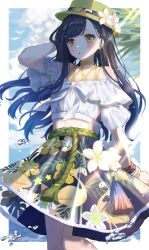 1girl :o absurdres arm_behind_back bare_shoulders black_hair black_skirt blurry blurry_background blush border commentary_request cowboy_shot day flamingo_print floral_print flower green_hat hat hat_flower highres long_hair myon_rio off-shoulder_shirt off_shoulder outdoors outside_border print_skirt project_sekai shiraishi_an shirt short_sleeves skirt solo white_border white_shirt yellow_eyes