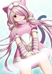 1girl aizaki_momo aizaki_momo_(cosplay) animal_ears animal_hood anonymous;code bell blush breasts cat_ears cat_tail chaos;child closed_mouth cosplay covering_privates detached_sleeves dutch_angle embarrassed from_below frown hair_over_one_eye highres hood hoodie light_censor long_hair looking_at_viewer low_twintails minamisawa_senri pink_eyes pink_hair solo taba_neruko tail twintails very_long_hair