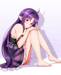 1girl ahoge ass bare_legs bare_shoulders barefoot black_shirt closed_mouth frilled_skirt frills from_side hair_intakes highres ken-ji long_hair purple_hair purple_skirt red_eyes shadow shirt sitting skirt smile sword_art_online watermark yuuki_(sao)